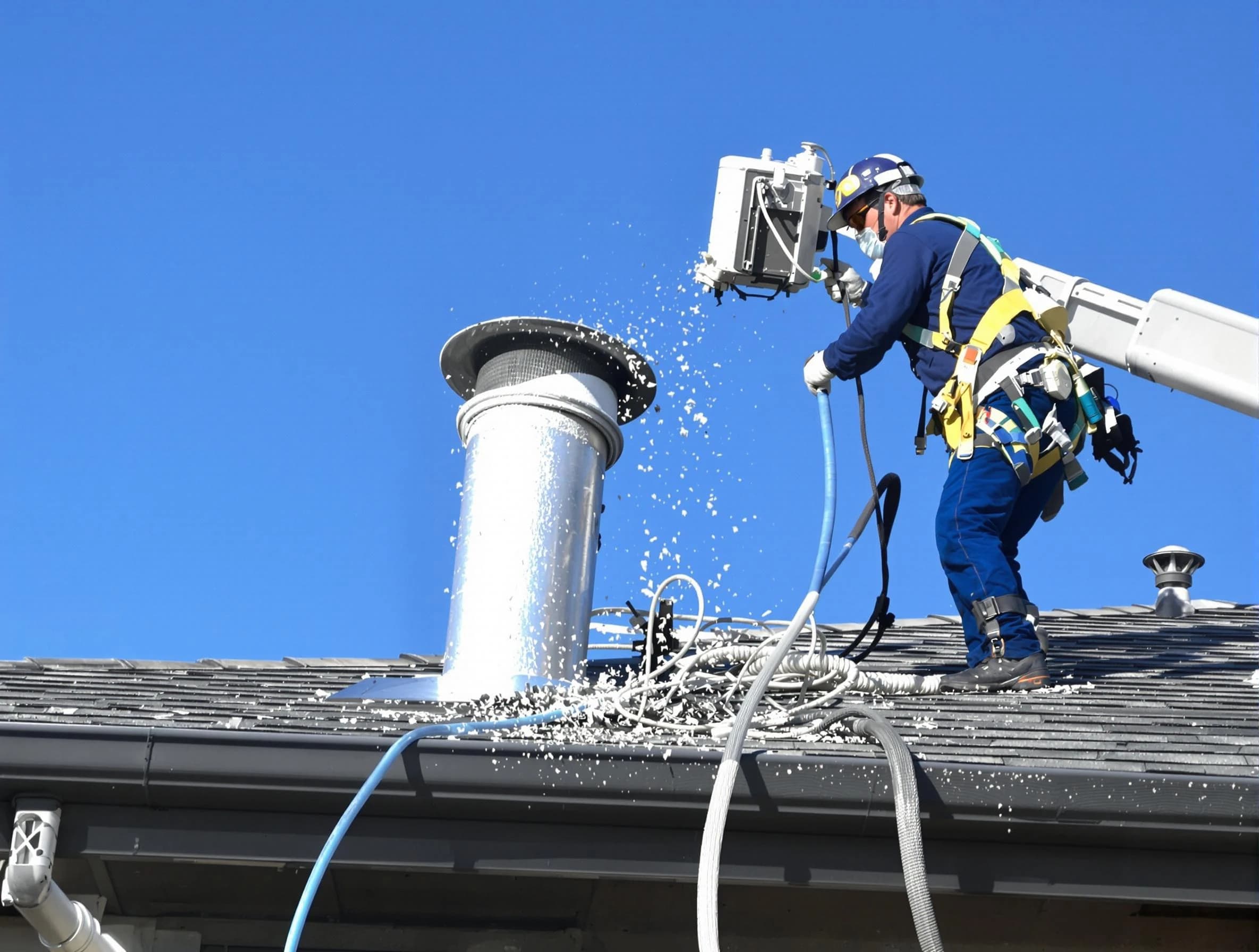 Dacono Dryer Vent Cleaning certified technician safely cleaning a roof-mounted dryer vent in Dacono