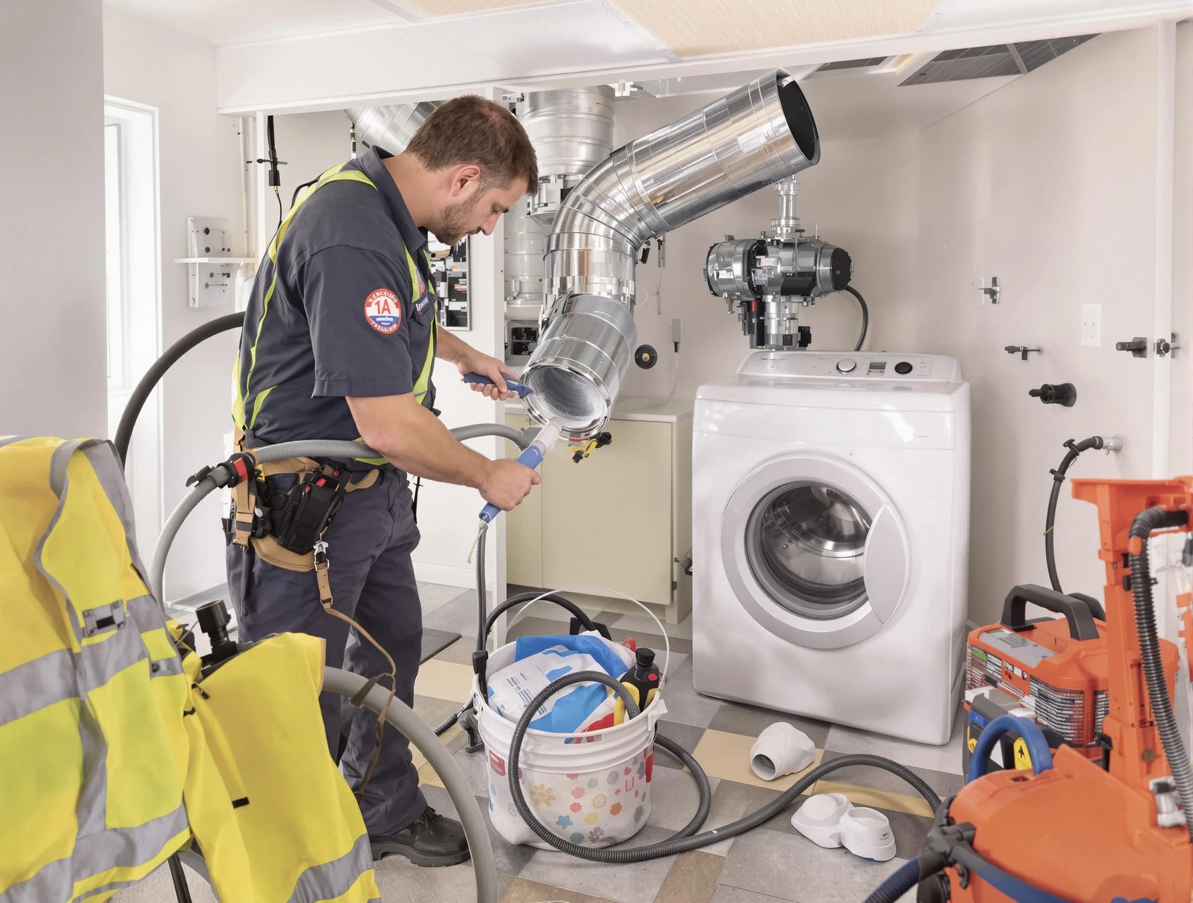 Dacono Dryer Vent Cleaning technician using specialized equipment to clear severe dryer vent blockage in Dacono